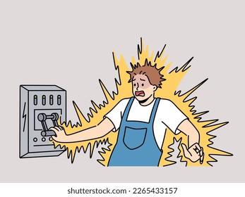 Man get electric shock from dashboard. Technician or mechanic suffer from electrical injury. Healthcare and danger. Vector illustration. 