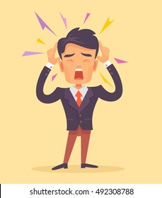 Man get headache character. Vector flat cartoon illustration