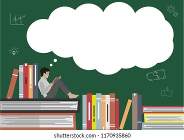 A man get the idea from a Lots of books,flat design,back to school,bibliotheca,pupil,examinee
,scholar
,teacher,instructor,master,professor,classroom,bibliographer,make,quiet,mute,vector illustration.