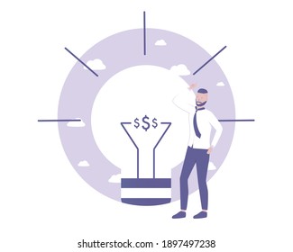 Man get new idea and solution. Light bulb metaphor. Vector illustration for telework, remote working and freelancing concept, business, start up.
