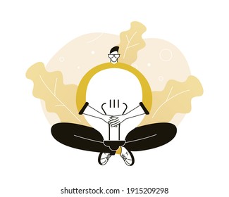  Man get new idea and solution. Light bulb metaphor. Vector illustration for telework, remote working and freelancing concept, business, start up.
