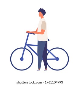 Man get off and walk his bikes at summer. Man have a relaxing day off. Flat cartoon colorful vector illustration.