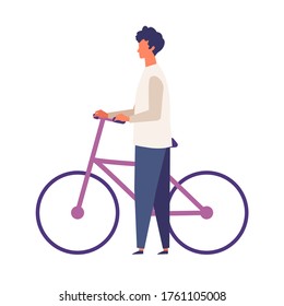 Man get off and walk his bikes at autumn. Man have a relaxing day off. Flat cartoon colorful vector illustration.