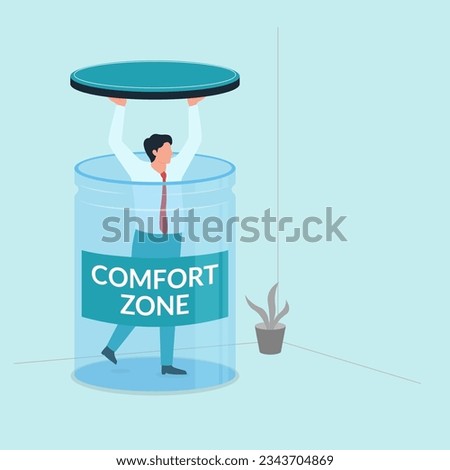 Man get out from the comfort zone bottle. Metaphor of escape from comfort zone.