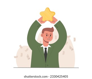 El hombre se pone estrella por el éxito en el trabajo. Logro comercial, triunfo y concepto galardonado. Los empresarios exitosos lograron objetivos, llevando trofeo. Ilustración vectorial plana en estilo de dibujos animados