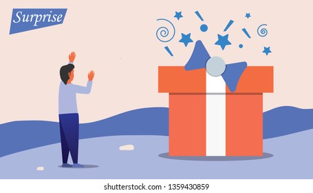 Man get surprised with the present concept. Feels happy after received a box gift. Flat design style and Vector illustration.