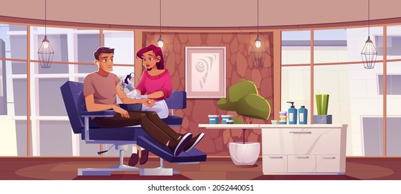 Man get tattoo in salon with tattooist woman drawing art on client shoulder. Stylish guy visitor sitting in armchair in modern studio while master working with ink machine, Cartoon vector illustration