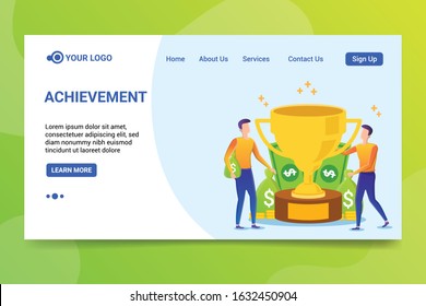 a man gets awards, business training, goal achievement, success, advancement, career ladder, violet palette. Website landing web page template.