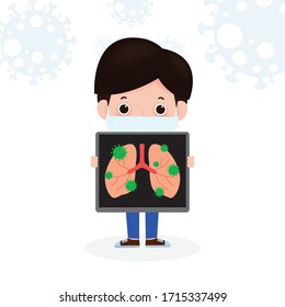 Man gets with the coronavirus or COVID‑19 Man holds x-ray of lungs. men quarantine Prevent infection spreading isolated on white background vector illustration