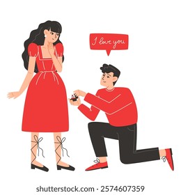 A man gets down on one knee and proposes to a woman, illustration for Valentine's Day card