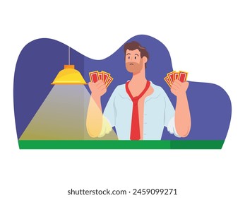 A man gets drunk and plays gambling in a casino with his clothes untucked. Design character. Vector flat illustration