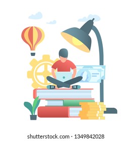 man gets an education at a distance. elements of the graph on the books is a boy sitting with a laptop. flat design for posters, flyers, cards, web banners