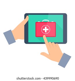 Man Gets First Aid By Internet. Telemedicine And Telehealth Flat Concept Illustration. One Hand Holding Tablet Computer, Another Touching A Red First Aid Box Icon On A Display. Vector Tele Medicine.