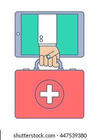 Man gets first aid by internet. Telemedicine and telehealth flat concept illustration. One hand holding tablet computer, another touching a red first aid box icon on a display. Vector tele medicine.