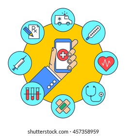 A man gets first aid by phone. Online medicine and health flat line concept illustration. Human hand holding smartphone with cross on the screen. There are medical icons around. Vector infographic set