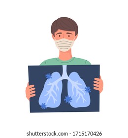 Man gets coronavirus(COVID‑19). Man holds x-ray of lungs. Vector illustration