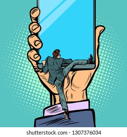 man gets into the smartphone. Pop art retro vector illustration kitsch vintage