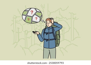 Man gets lost in forest and stands among trees, remembering route to house or highway. Confused guy gets lost and needs help from rescue service to avoid encountering wild animals.