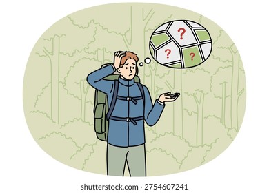 Man gets lost in forest and stands among trees, remembering route to house or highway. Confused guy gets lost and needs help from rescue service to avoid encountering wild animals.