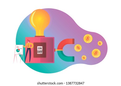 man gets money with magnet help, a successful idea brings a large income for the business, Vector illustration for web site and landing page.