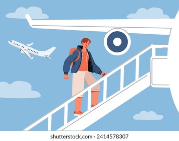 Man gets on plane concept. Young guy near airplane. Traveler and tourist wait for flights. Holiday and vacation. International tourism and immigration. Cartoon flat vector illustration