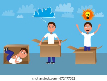 man gets out of the box comic represents think out of the box concept funny vector illustration