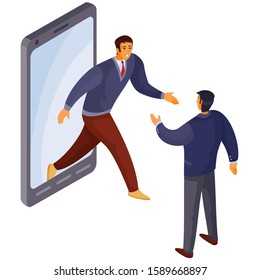 a man gets out of the phone another man greets him and greets him, hiring, meeting, meeting, isolated object on a white background, vector illustration