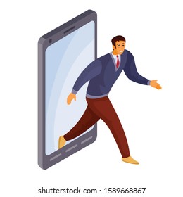 a man gets out of the phone, he found what he was looking for and got there where he wanted, isolated object on a white background, vector illustration