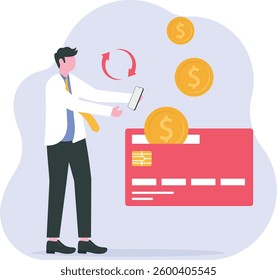Man gets a refund on credit card. Cashback service and online money refund. Concept of transfer money, e-commerce, saving account. Vector illustration in flat design for web banner and mobile app

