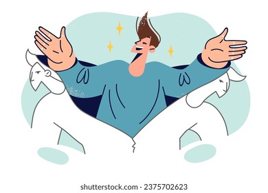 Man gets rid of psychological problems and mental blocks by throwing away old skin and joyfully raising hands up. Concept of revival after psychological depression and stress associated with job loss