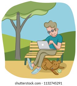 A man gets some work done on his laptop while sitting on a bench in the park with his dog.