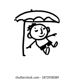 Un hombre se broncea bajo un paraguas. Caricatura dibujada a mano. Ilustración de Doodle en blanco y negro