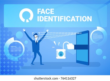 Man Getting Access After Face Identification Scanning Modern Biometric Technology Recognition System Concept Vector Illustration