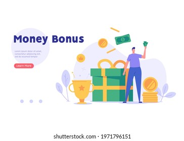 Man getting an award and bonus money. Happy businessman receiving reward and standing near the gift box. Concept of money bonus, reward program, cash back. Vector illustration in flat design.