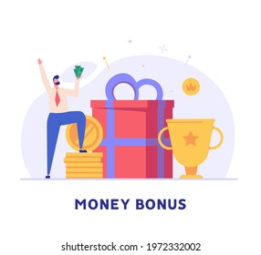 Man getting an award and bonus money. Happy businessman receiving reward and standing near the gift box. Concept of money bonus, reward program, cash back. Vector illustration in flat design.