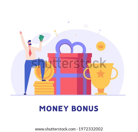 Man getting an award and bonus money. Happy businessman receiving reward and standing near the gift box. Concept of money bonus, reward program, cash back. Vector illustration in flat design.