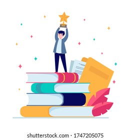 Man getting award in writing. Star, writer, feather flat vector illustration. Knowledge and education concept for banner, website design or landing web page