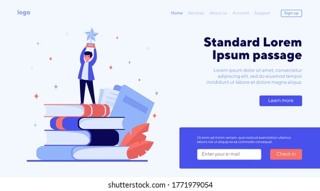 Man getting award in writing. Star, writer, feather flat vector illustration. Knowledge and education concept for banner, website design or landing web page