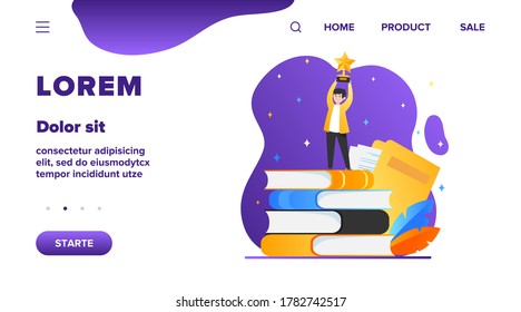 Hombre recibiendo un premio por escrito. Estrella, escritor, ilustración de vector plana de plumas. Concepto de conocimiento y educación para banner, diseño de sitios web o página web de aterrizaje
