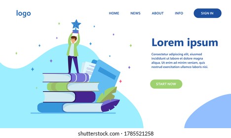 Man getting award in writing. Star, writer, feather flat vector illustration. Knowledge and education concept for banner, website design or landing web page