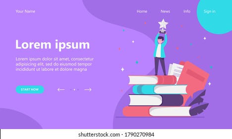 Man getting award in writing. Star, writer, feather flat vector illustration. Knowledge and education concept for banner, website design or landing web page