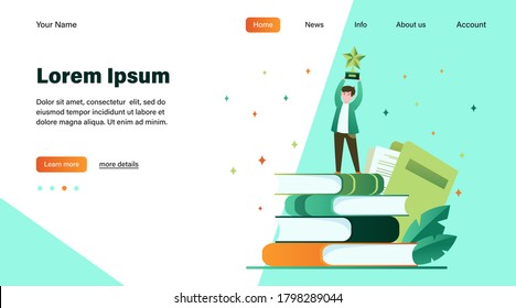 Hombre recibiendo un premio por escrito. Estrella, escritor, ilustración de vector plana de plumas. Concepto de conocimiento y educación para banner, diseño de sitios web o página web de aterrizaje