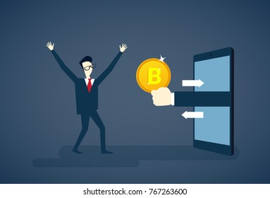 Man Getting Bitcoin From Smart Phone Crypto Currency Banner Digital Web Money Concept Vector Illustration