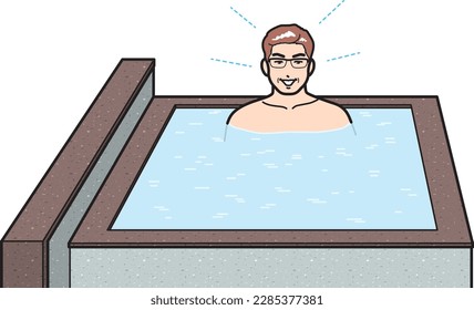A man getting crispy in a water bath at a sauna facility.