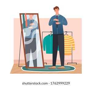 Man getting dressed in front of a full length mirror at home tying his necktie looking at his reflection, colored vector illustration