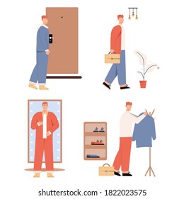 Man getting dressed or undressed scene, set. Businessman changes outfit, going to work in suit with briefcase, hangs his coat on outerwear rack. Vector character illustration of everyday routine