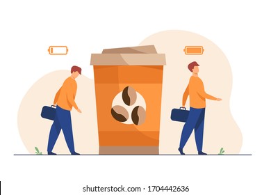Hombre recibiendo energía de una taza de café. Un adicto a la cafeína con una taza de eliminación. Ilustración vectorial para la mañana, descanso para el café, adicción, concepto de bebida energética