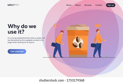 Man getting energy from cup of coffee. Caffeine addicted guy with disposal cup. Vector illustration for morning, coffee break, addiction, energetic drink concept