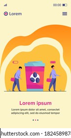 Man getting energy from cup of coffee. Caffeine addicted guy with disposal cup. Vector illustration for morning, coffee break, addiction, energetic drink concept