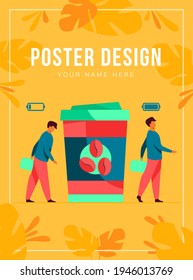 Man getting energy from cup of coffee. Caffeine addicted guy with disposal cup. Vector illustration for morning, coffee break, addiction, energetic drink concept
